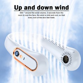 1pc Neck Fan USB Rechargeable Cooling Fan 5 Speed Adjustable Neck Cooler Digital Display Bladeless Neckband Fan, Cool Portable Fan, School Supplies, Perfect Gift For Birthday/Christmas, For Fishing/Camping/Travel