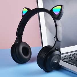 Head-mounted Headset Gradient Color LED Luminous Cat Ears Telescopic Folding Children's Cheap Gift Cute Wireless  Headset